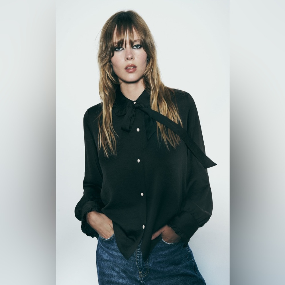 ZARA black satin effect tie collar shirt size medium - Picture 2 of 13